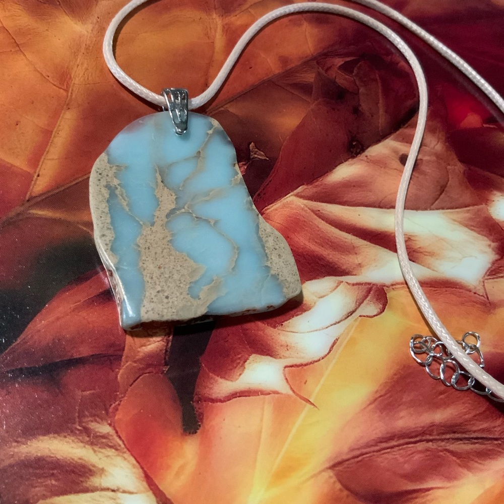 Light Blue & Tan Agate Slice Necklace On Waxed Cotton Cord - Handmade